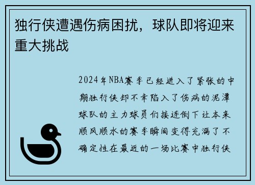 独行侠遭遇伤病困扰，球队即将迎来重大挑战