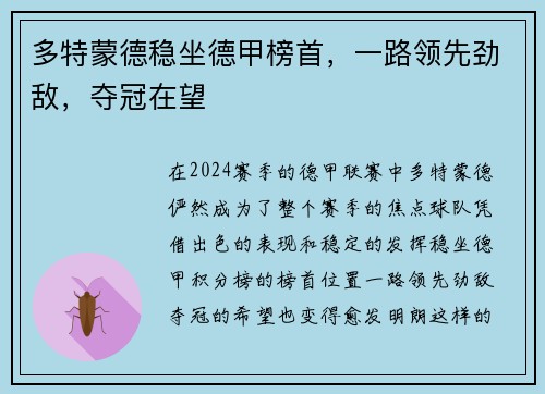 多特蒙德稳坐德甲榜首，一路领先劲敌，夺冠在望